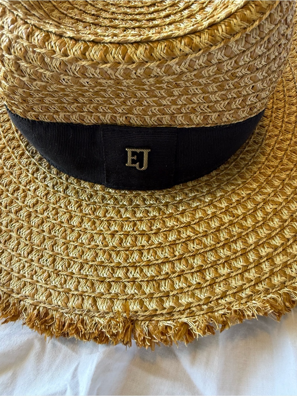 Eric Javits Natural Straw Hat with Black Grosgrain Band and Gold EJ Emblem